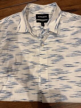 Bonobos White Button-Down Shirt with Blue Linear Print